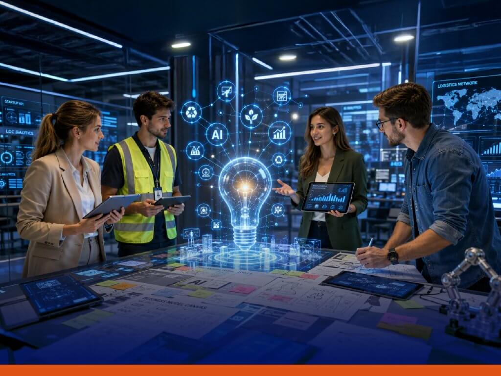 Four professionals gather around a glowing holographic lightbulb and AI network icons in a high-tech analytics lab, tablets in hand.