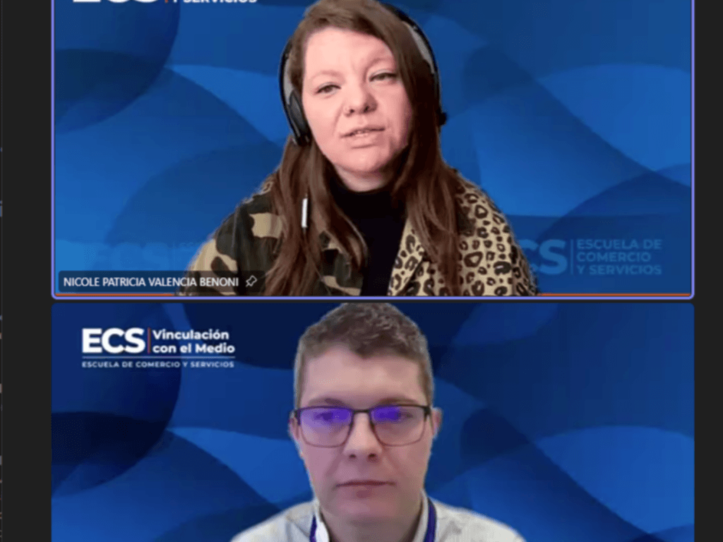 Two-person video conference on a blue backdrop; top panel shows a woman with headset and leopard-print coat in focus, name Nicole Valencia Benoni visible.