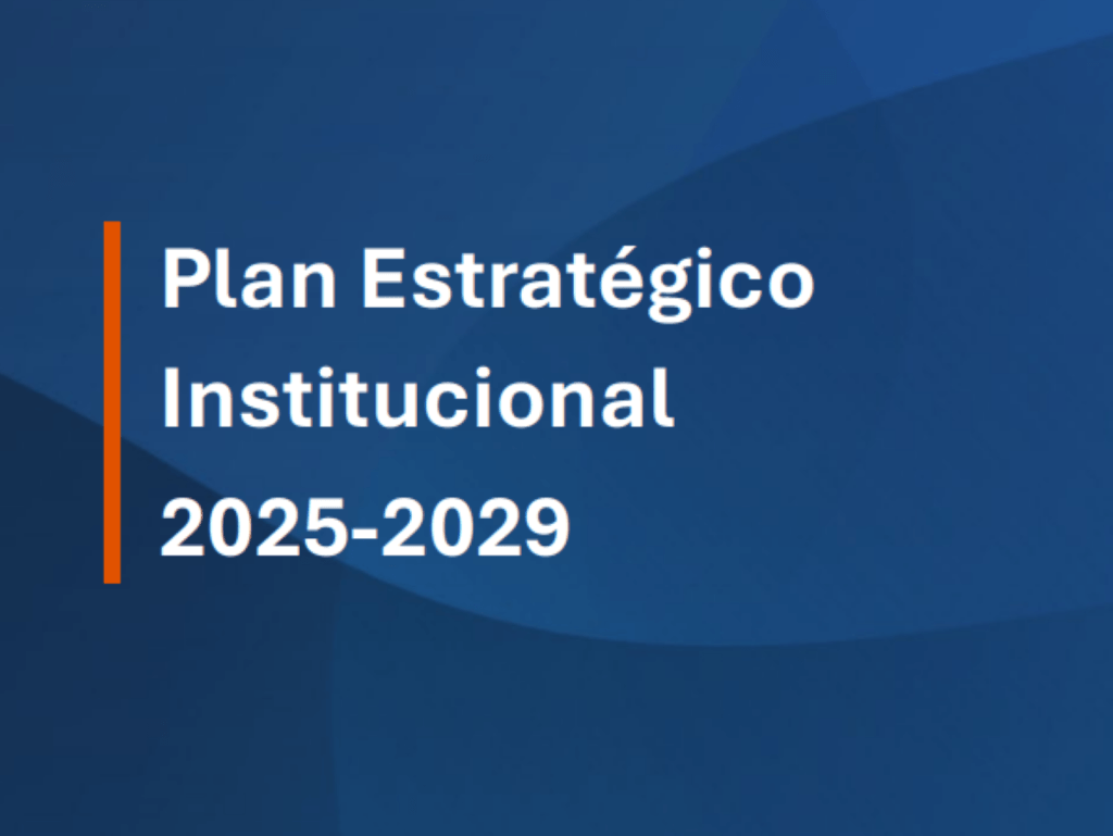 Plan Estratégico Institucional 2025–2029 title on blue abstract background with an orange left accent bar